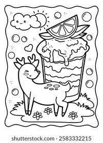 Cute deer and milkshake. Kawaii coloring page. Sweets. Black and white illustration.	