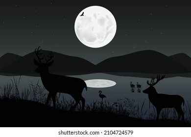 cute deer and moon silhouette