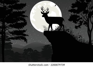 cute deer and moon silhouette landscape