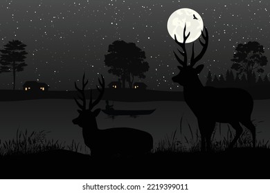cute deer and moon silhouette landscape