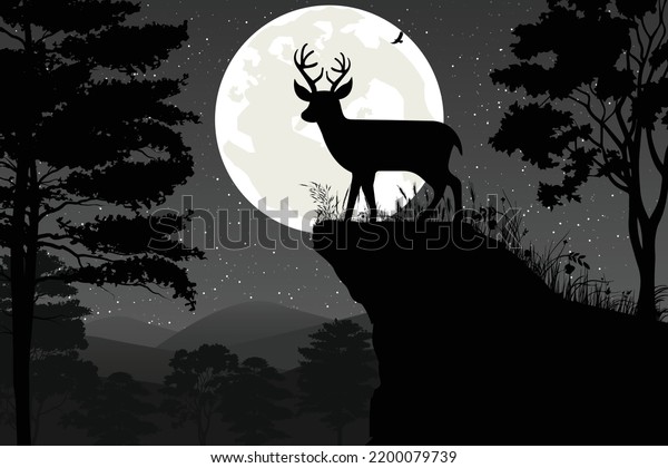 cute deer and moon\
silhouette landscape