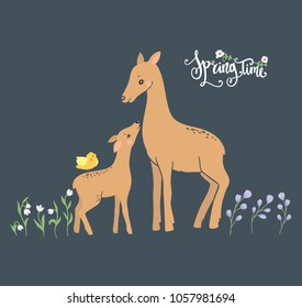 Cute deer, mother and baby