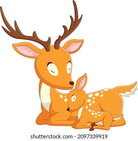 Cute deer mother cartoon with her baby deer