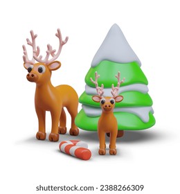 Cute deer near snowy Christmas tree, candy cane. Vector composition in cartoon style. Winter scene on white background. Funny animal characters, Christmas theme
