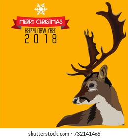 Cute deer. New year and marry Christmas greeting card 2018, vector