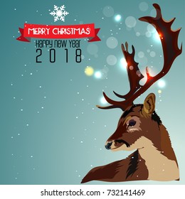 Cute deer. New year and marry Christmas greeting card 2018, vector