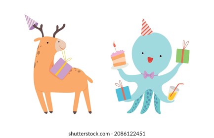 Cute Deer and Octopus Wearing Birthday Hat and Holding Gift Box Celebrating Holiday Vector Set