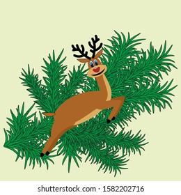 Cute deer on a beautiful fir branch Isolated on a gray background. Stock vector illustration for decoration and design, fabric, book, greeting card, poster, web page, holiday element and more.