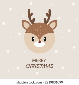 Cute deer on beige background with snowflakes. Image for Christmas card. Cartoon vector illustration.