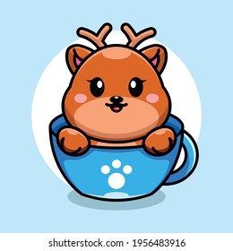 Cute deer on cup coffee cartoon