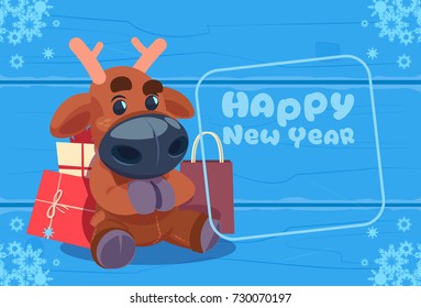 Cute Deer On Happy New Year Greeting Card Christmas Holiday Concept Flat Vector Illustration