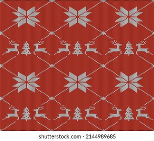 Cute deer on the knitting pattern, nordic seamless Christmas pattern, vector illustration