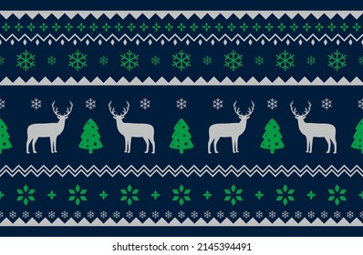 Cute deer on the knitting pattern, nordic seamless Christmas pattern, vector illustration