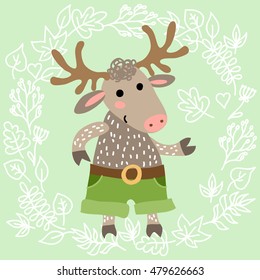 Cute deer on leaves background vector illustration