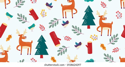 Cute deer on light background with blue and green birds. Illustration with animals, forest berries, and green tries branches. Seamless vector pattern with animals in the children Scandi style.