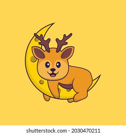 Cute deer is on the moon. Animal cartoon concept isolated. Can used for t-shirt, greeting card, invitation card or mascot.