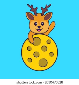 Cute deer is on the moon. Animal cartoon concept isolated. Can used for t-shirt, greeting card, invitation card or mascot.