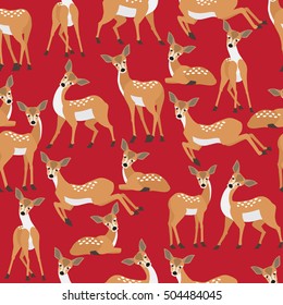 Cute deer on red background pattern. Animal seamless pattern design. 