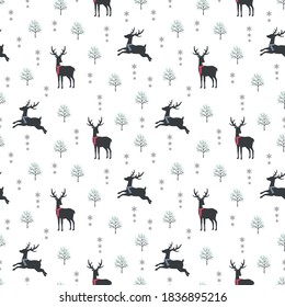 Cute deer on winter snow seamless pattern,for decorative Christmas holiday,wrapping paper,baby clothes,textile or all print,vector illustration