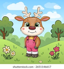 СVeado GATINHO bonito em macacão de pé em um prado com flores e árvores. Personagem de veado estilo cartoon adorável em macacão rosa de pé em um prado verde ensolarado com flores, árvores. 