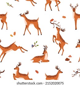 Cute deer pattern. Seamless background with wild baby animal. Repeating print with spotted reindeer. Endless texture with bambi, spotty horny fawn. Colored flat vector illustration for decoration