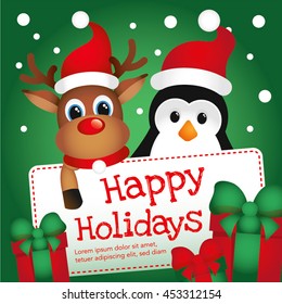 Cute deer and penguin on Christmas card