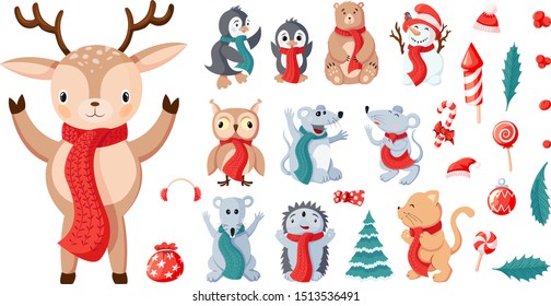Cute deer, penguins, mouses and items icon set isolated on white background. Cold winter collection of holiday symbols flat design. Cartoon style antarctic birds and rats vector illustration