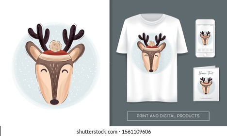 Cute deer play on a cup, this design can be used for print and digital media