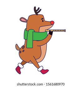 cute deer playing a flute icon over white background, vector illustration