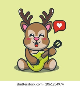 Cute deer playing guitar cartoon illustration