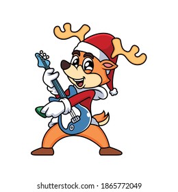 Cute Deer Playing Guitar with Funny Pose. Animal Icon Concept in White Background.