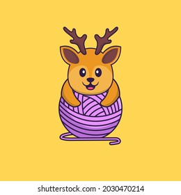 Cute deer playing with wool yarn. Animal cartoon concept isolated. Can used for t-shirt, greeting card, invitation card or mascot.