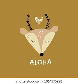 Cute deer portrait, text, label, kids art, wild animal. Decor elements, sticker, poster, card, postcard. Vector, clip art. Isolated.