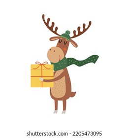 Cute deer with present box. Funny forest animal in warm scarf, cartoon reindeer with gift goes on party. Hand drawn vector illustration, isolated. Flat design. Idea for print on kids card, invitation.