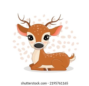 Cute deer print. Children's poster with an animal. Fawn lies drawing. Vector illustration on white background.