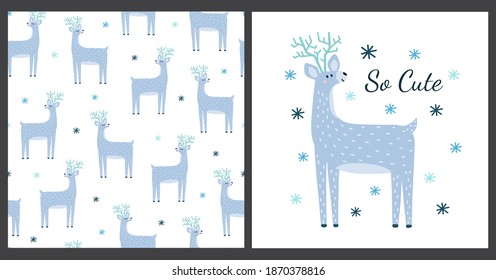 Cute deer print and seamless pattern set. Funny graphic collection for kids. Background with reindeer for nursery decor. Vector illustration