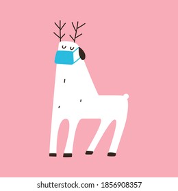Cute deer with protective face mask. Christmas concept. Hand drawn vector illustration on pink background. 