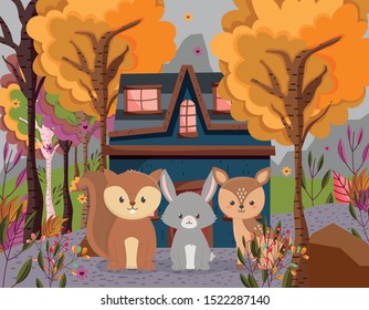 cute deer rabbit and squirrel cottage forest trees leaves hello autumn vector illustration