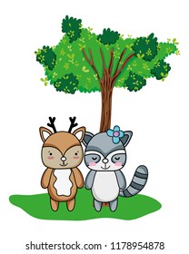cute deer raccoon friends and tree