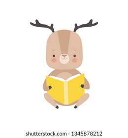 Cute Deer Reading Book, Adorable Smart Animal Character Sitting with Book Vector Illustration