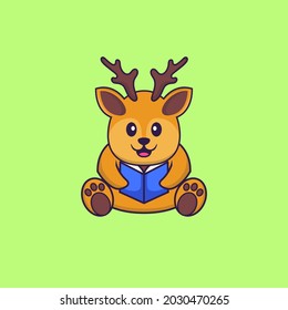 Cute deer reading a book. Animal cartoon concept isolated. Can used for t-shirt, greeting card, invitation card or mascot.