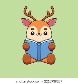 cute deer reading book cartoon mascot doodle art hand drawn concept vector kawaii icon illustration