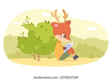 Cute deer reading book outdoor vector illustration. Cartoon funny smart forest animal in warm sweater holding book from library or bookstore to read, little baby reindeer sitting and learning.