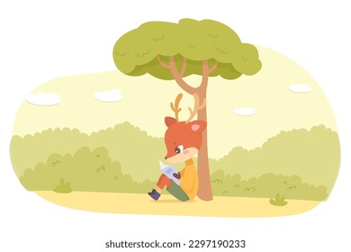 Cute deer reading book outdoor vector illustration. Cartoon funny smart forest animal in warm sweater holding book from library or bookstore to read, little baby reindeer sitting and learning.