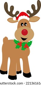 Cute deer in a red cap. Holly berries. Postcard Merry Christmas and Happy New Year.