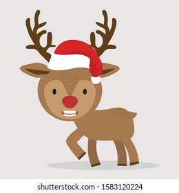 Cute deer with red hat cartoon Illustration vector