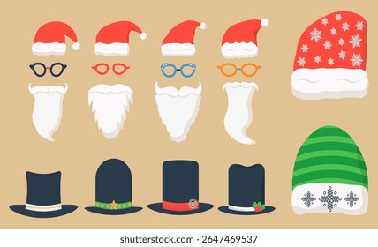 Veado bonito com tampa de nariz vermelho santa chapéu comemoração elemento decoração booth xmas gráfico feliz ano novo foto prop máscara feriado mascarada desenho de chifres de festa de vetor de desenho animado

