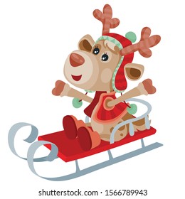 A cute deer with a red nose sits on a sleigh and has fun because the New Year holiday is coming soon. isolated object on a white background,