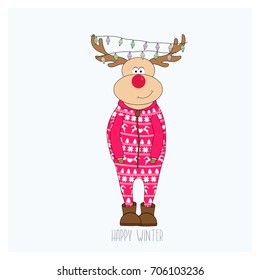 Cute deer in red pajama with garlands. Winter card