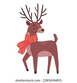 Cute deer in a red scarf. Christmas character. Rudolph. Hand drawn style